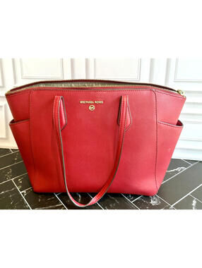 Michael Kors Marilyn Medium Saffiano Leather Tote Shoulder Bag Red Gold Hardware